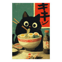 Chat noir drôle mangeant du Ramen
