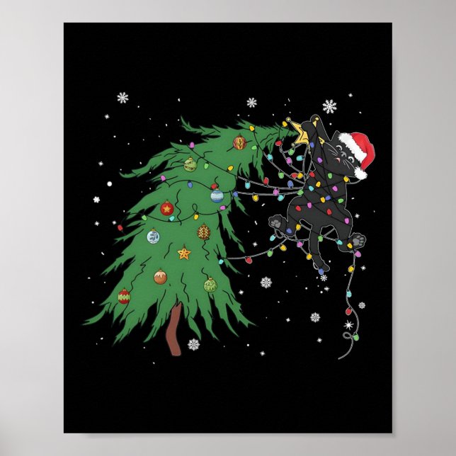 Poster Chat Noir Drôle Père Noël Tangée Dans L'Arbre De N (Devant)