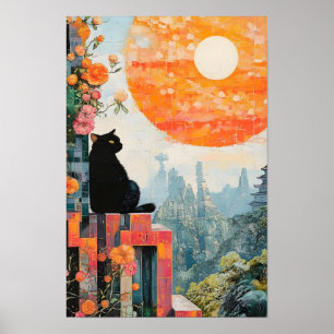 Poster Chat noir drôle profitant de la pleine lune