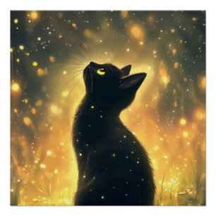 Poster Chat noir enchanté avec des lucioles