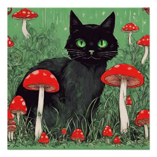Poster Chat noir et champignons rouges sauvages Nature