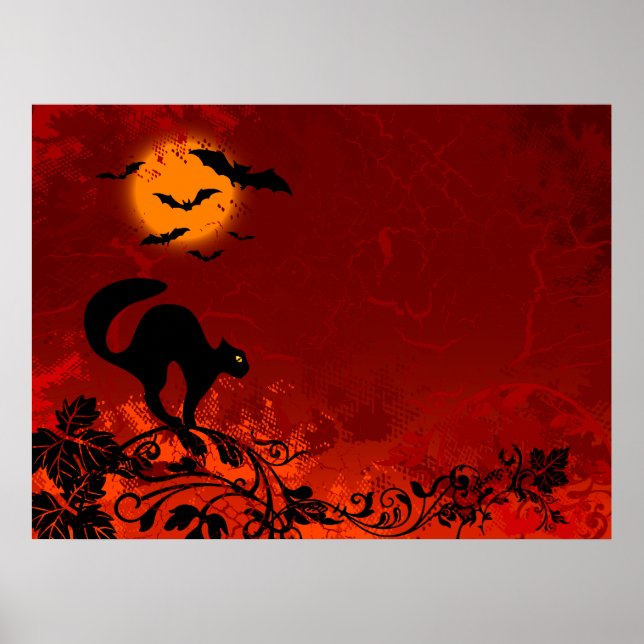 Poster Chat noir et chauve-souris d'Halloween (Devant)