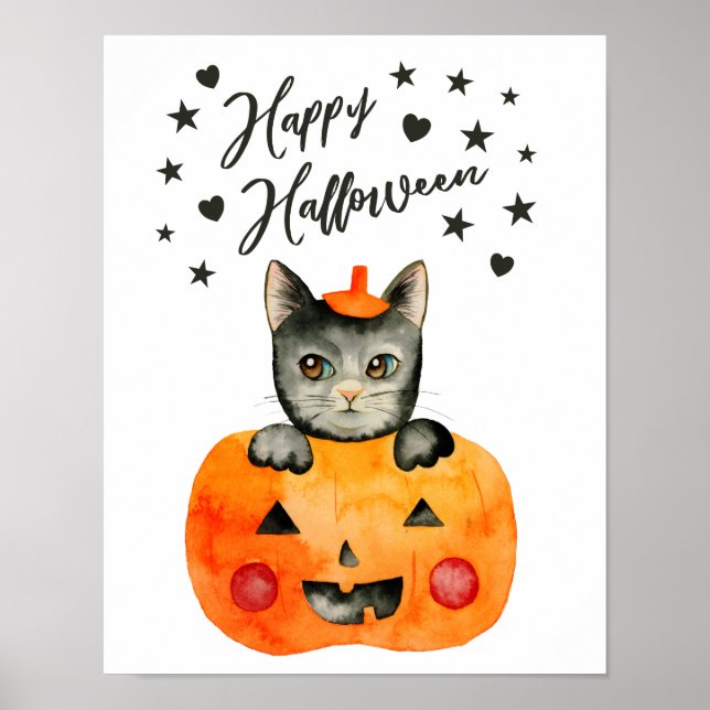 Poster Chat noir et Citrouille | Bonne Halloween (Devant)