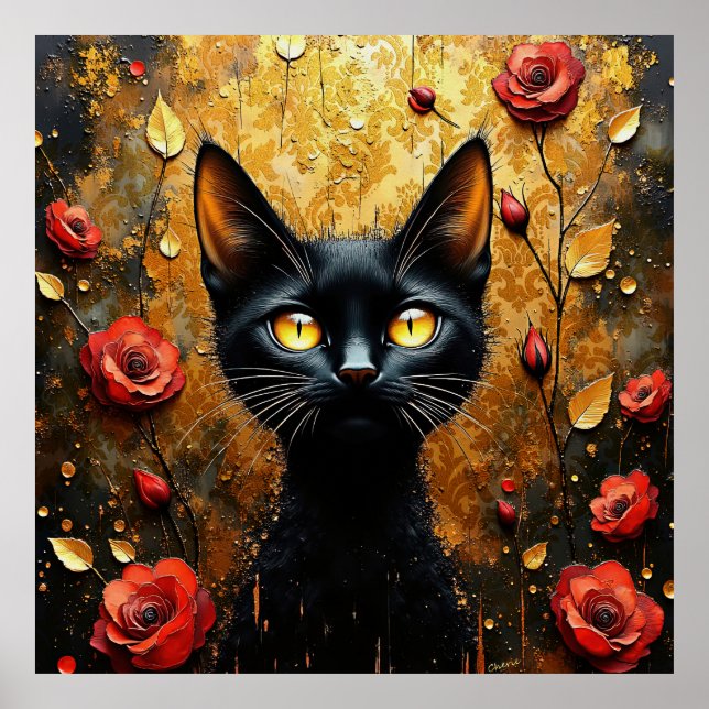 Poster Chat noir et roses (Devant)