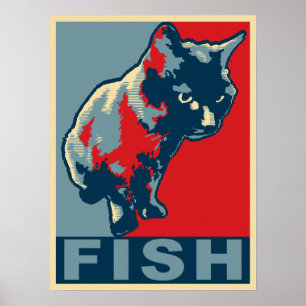Poster Chat noir faim pour le poisson - Pop Art Rouge et