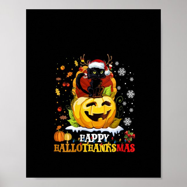 Poster Chat Noir Femme Halloween Et Joyeux Chapeau De Noë (Devant)
