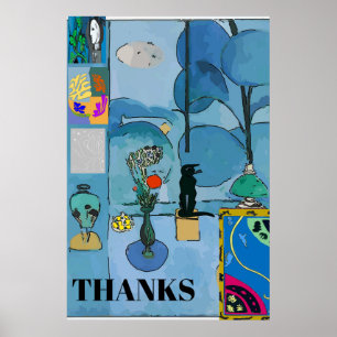 Poster Chat noir & Fleurs en Chambre Bleue, ajouter du te