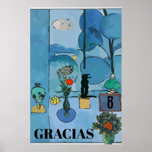 Poster Chat noir & Fleurs en Chambre Bleue, ajouter du te