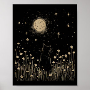 Poster Chat noir floral Lune Halloween Cottagecore