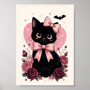 Poster Chat noir floral Rose Ruban rose