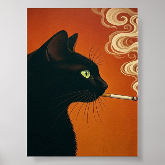 Poster Chat noir fumant une cigarette Vintage
