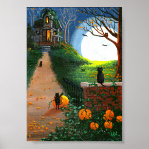 Poster Chat Noir Funny Haunted Maison Arbres Créationarts