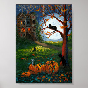 Poster Chat Noir Funny Haunted Maison Arbres Créationarts