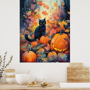 Poster Chat noir Halloween avec citrouilles effrayantes