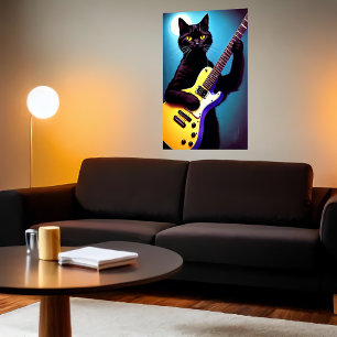 Poster Chat noir jouant d'une guitare   Art AI