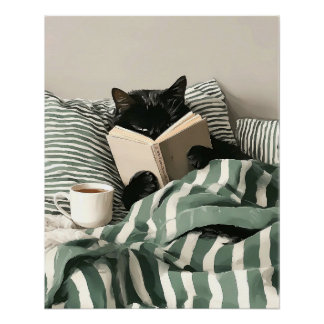 Poster Chat noir lisant un livre au lit