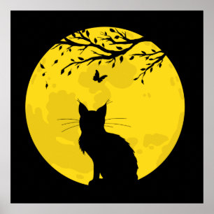 Poster Chat noir Lune jaune