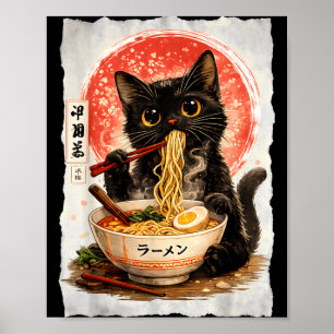 Poster Chat noir mangeant des ramen mignon kawaii anime c