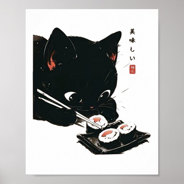 Poster Chat noir manger Sushi - Chat Art Japonais (Devant)
