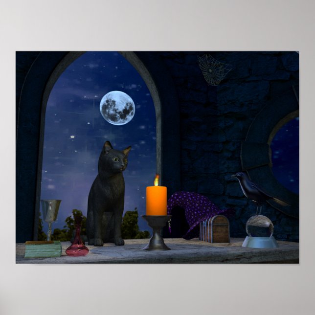 Poster Chat noir mignon à la chandelle (Devant)