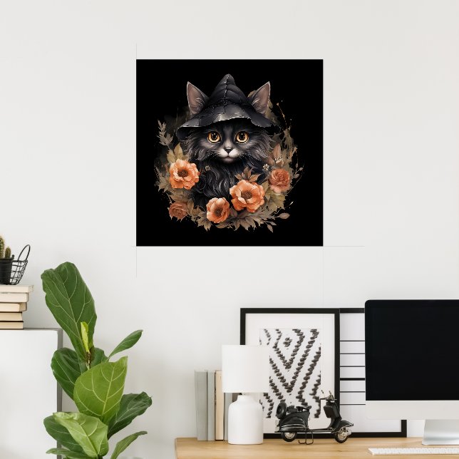 Poster Chat noir mignon dans le Casquette d'une sorcière (Bureau à domicile)