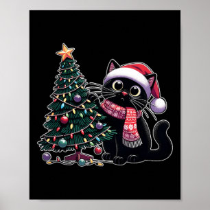 Poster Chat noir mignon Kitten Santa Chapeau sapin de Noë