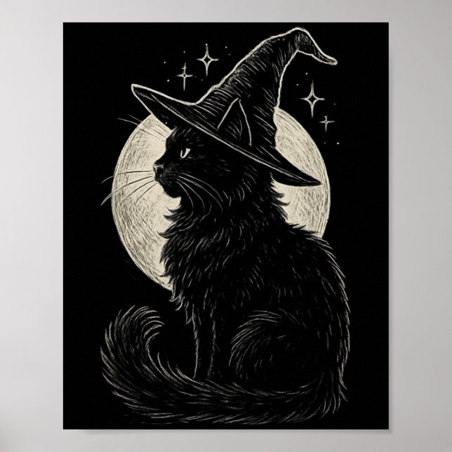 Poster Chat noir mignon sorcière Casquette Lune Retro Coq (Devant)