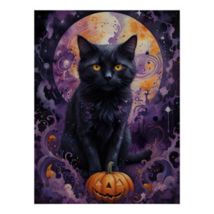 Poster Chat noir mystique Halloween Citrouille clair de l