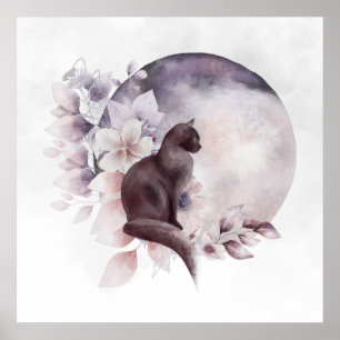 Poster Chat noir par une Pleine lune magique