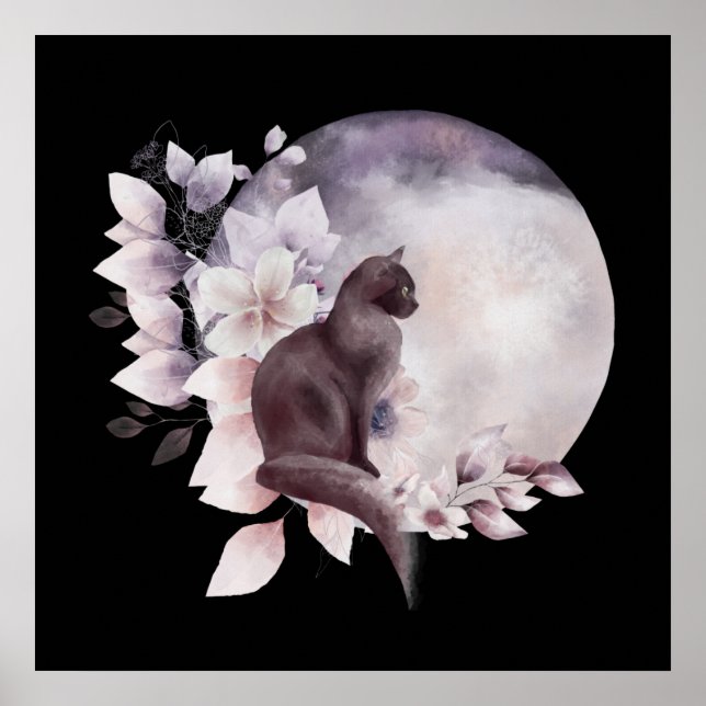 Poster Chat noir par une Pleine lune magique (Devant)