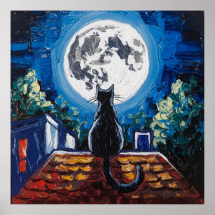 Poster Chat Noir Pleine Lune Toit