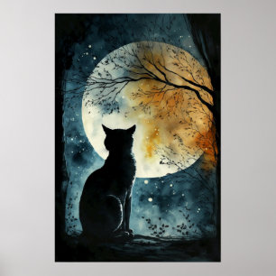 Poster Chat noir regardant la Lune