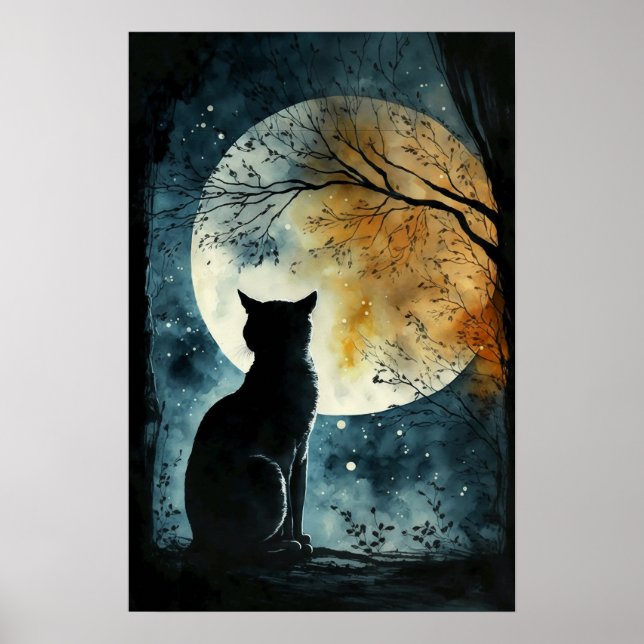 Poster Chat noir regardant la Lune (Devant)