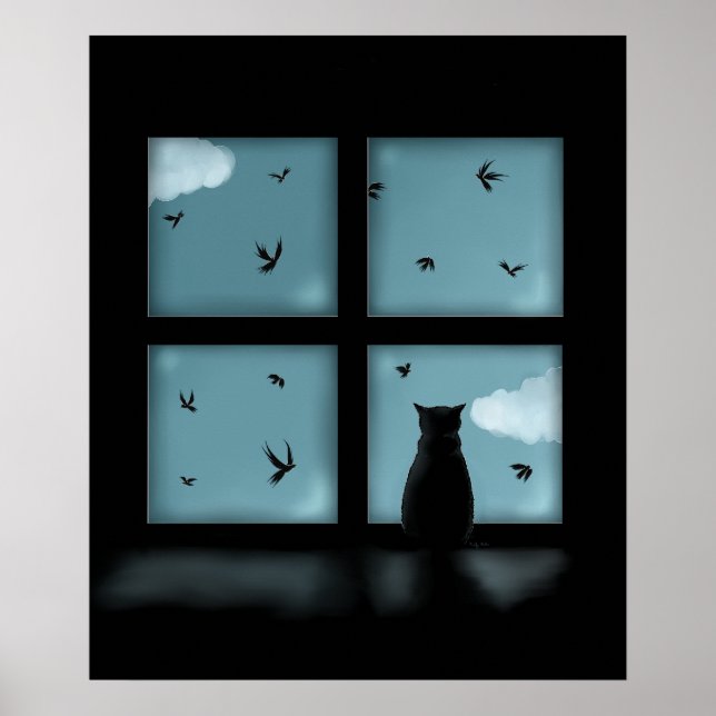 Poster Chat Noir Regardant Par La Fenêtre Au Ciel (Devant)