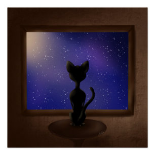 Poster Chat noir regardant par la fenêtre ciel étoilé éto