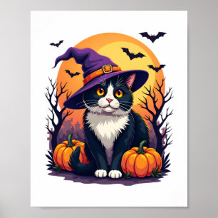 Poster Chat Noir Rétro Halloween Costume Citrouille Pour