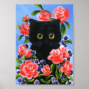 Poster Chat noir Roses rouges Été Créationarts