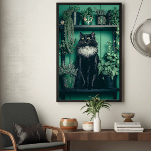 Poster Chat noir smoking sur une étagère parmi la verdure