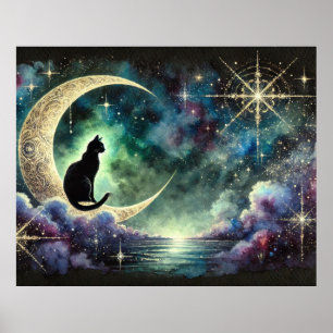 Poster Chat noir sur croissant de lune avec ciel nocturne