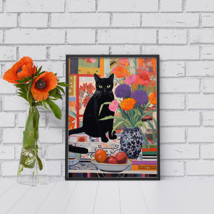 Poster Chat noir sur la table avec livres fleurs fruits