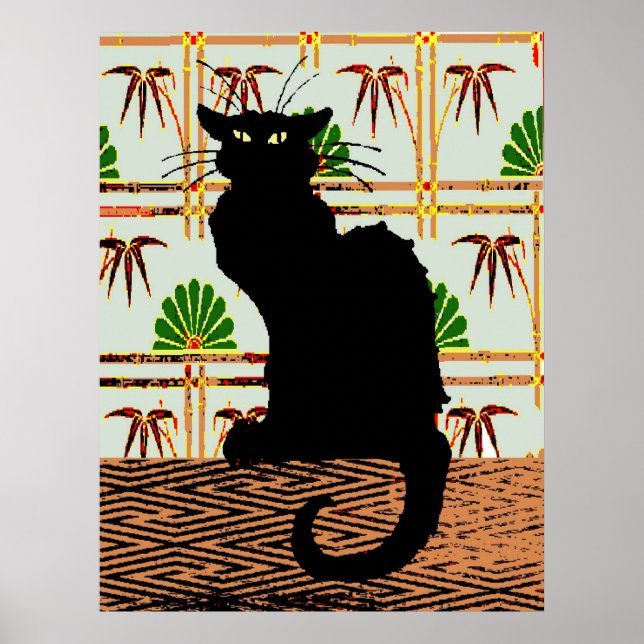 Poster Chat noir sur papier peint japonais (Devant)