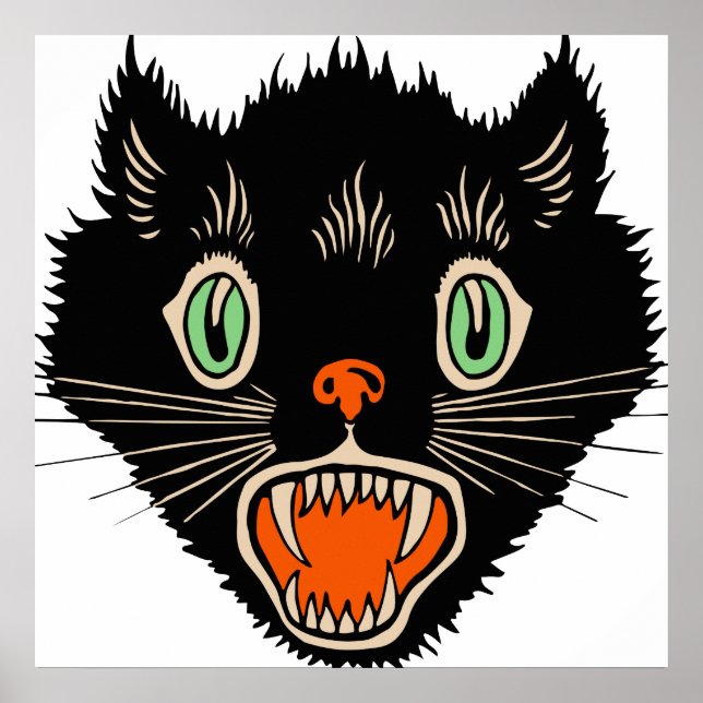 Poster Chat noir vintage d'Halloween effrayé (Devant)