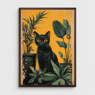 Poster Chat noir vintage et Plantes pointillés