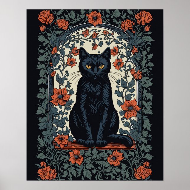 Poster Chat noir Vintage Floral (Devant)