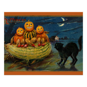 Poster Chat noir vintage Halloween Citrouille