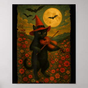 Poster Chat noir vintage Halloween jouant du violon dans