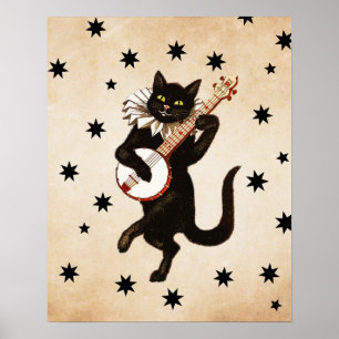 Poster Chat Noir Vintage Retro Jouer Banjo   Cadeau de ch