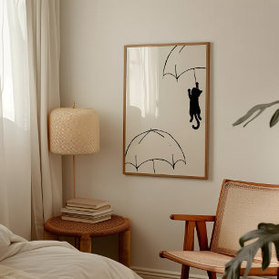 Poster Chat Noir Volant Minimaliste avec Parapluie Modern