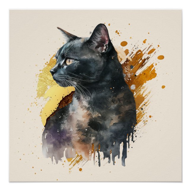Poster Chat noir Watercolor (Devant)