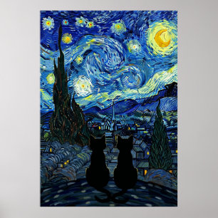 Poster Chat Nuit Étoilée Inspiré de Van Gogh Ciel Étoilé
